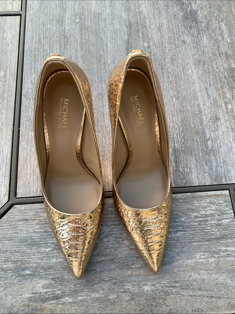 Michael Kors Gold Croc-Embossed Pointed-Toe Pumps